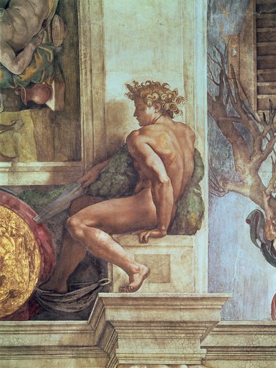 Ignudo von der Sixtinischen Decke (vor der Restaurierung) von Michelangelo Buonarroti